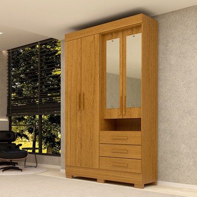 Guarda-Roupa Solteiro Débora Capelinha 4 Portas 3 Gavetas com Espelho 100% Mdf Cinamomo - Acp Móveis