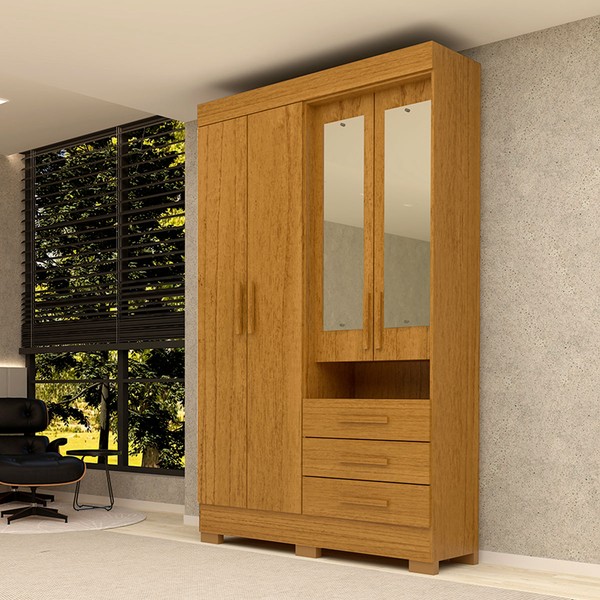 Guarda-Roupa Solteiro Débora Capelinha 4 Portas 3 Gavetas com Espelho 100% Mdf Cinamomo - Acp Móveis