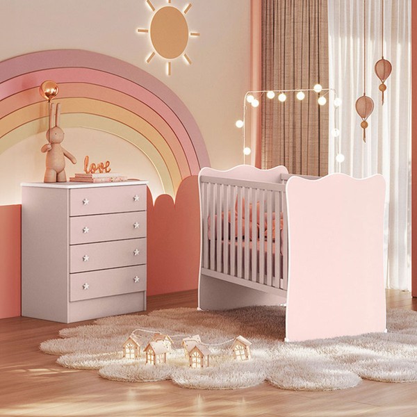 Quarto Infantil Completo Estrela 4 Gavetas Rosa - Pnr Móveis