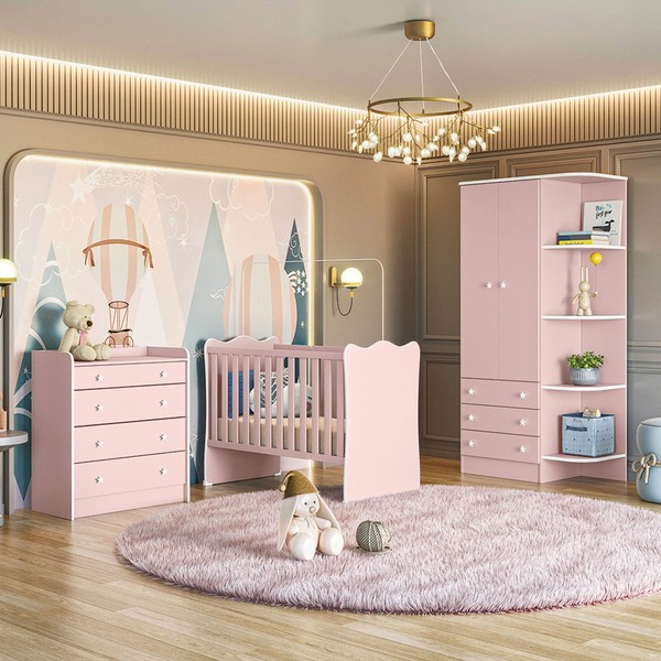 Quarto Infantil Completo Ana 2 Portas 7 Gavetas Rosa - Pnr Móveis