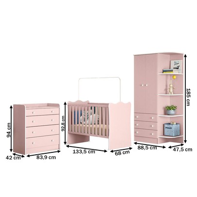 Quarto Infantil Completo Ana 2 Portas 7 Gavetas Rosa - Pnr Móveis