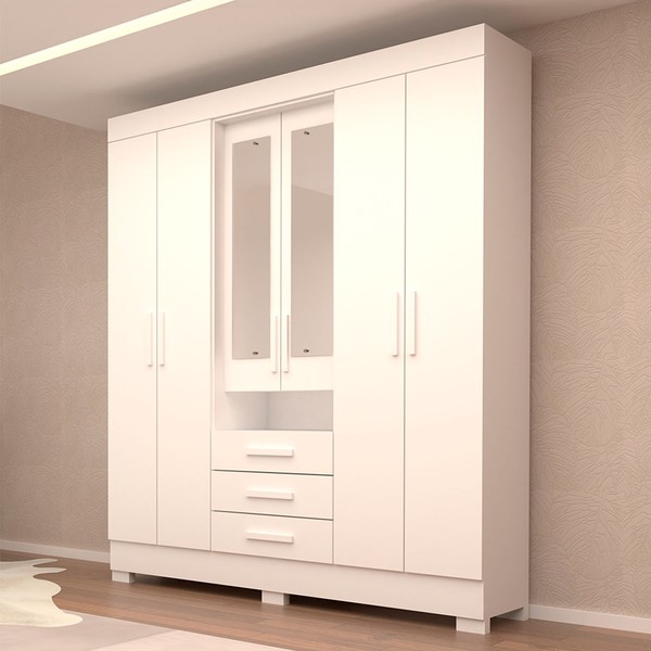 Guarda-Roupa Casal Débora Capelinha 6 Portas 3 Gavetas com Espelho 100% Mdf Branco - Acp Móveis
