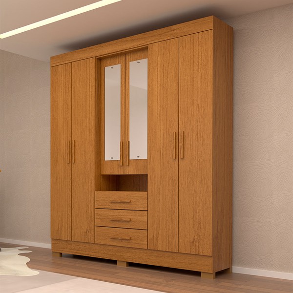 Guarda-Roupa Casal Débora Capelinha 6 Portas 3 Gavetas com Espelho 100% Mdf Cinamomo - Acp Móveis