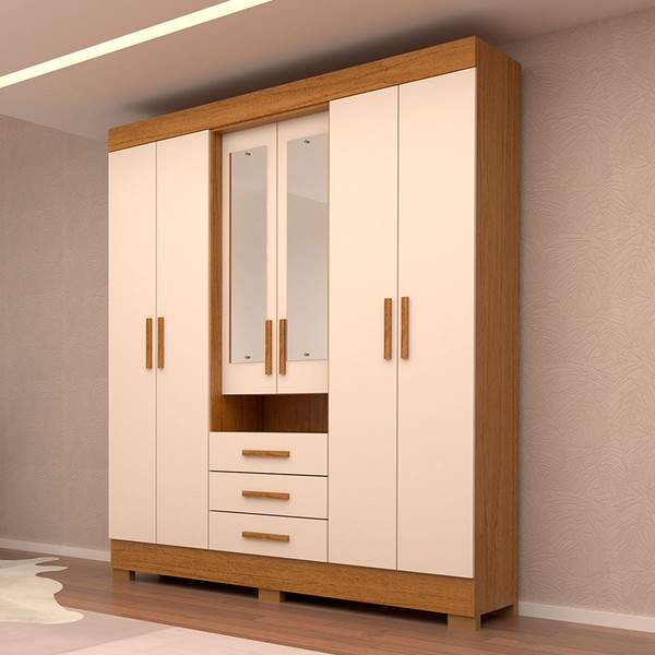 Guarda-Roupa Casal Débora Capelinha 6 Portas 3 Gavetas com Espelho 100% Mdf Cinamomo/Off White - Acp Móveis