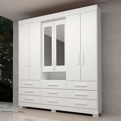 Guarda-Roupa Casal Débora Capelinha 6 Portas 9 Gavetas com Espelho 100% Mdf Branco - Acp Móveis