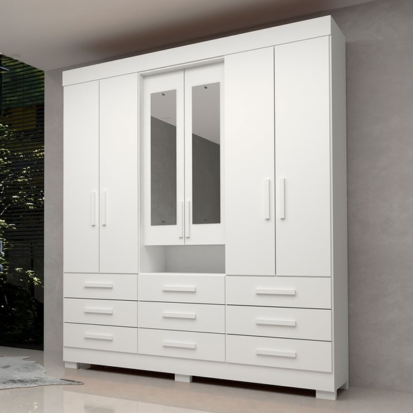 Guarda-Roupa Casal Débora Capelinha 6 Portas 9 Gavetas com Espelho 100% Mdf Branco - Acp Móveis