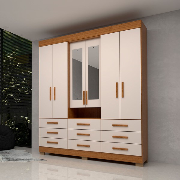 Guarda-Roupa Casal Débora Capelinha 6 Portas 9 Gavetas com Espelho 100% Mdf Cinamomo/Off White - Acp Móveis