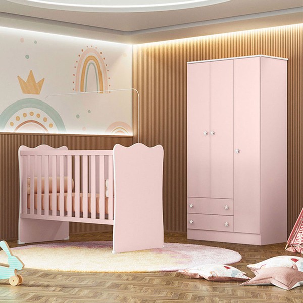 Quarto Infantil Completo Iris 3 Portas 2 Gavetas Rosa - Pnr Móveis