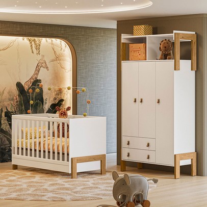 Quarto Infantil Completo Safari 3 Portas 2 Gavetas Branco/Freijo - Pnr Móveis