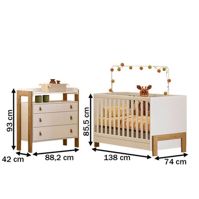 Quarto Infantil Completo Safari 3 Gavetas Branco/Freijo - Pnr Móveis
