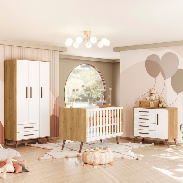 Quarto Infantil Completo Bear 4 Portas 6 Gavetas Branco/Freijo - Pnr Móveis