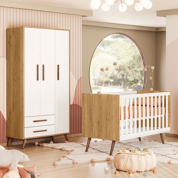 Quarto Infantil Completo Bear 3 Portas 2 Gavetas Branco/Freijo - Pnr Móveis