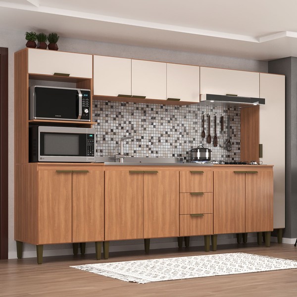 Cozinha Completa Bia 12 Portas 3 Gavetas Freijó/Off White - Jcarvalho