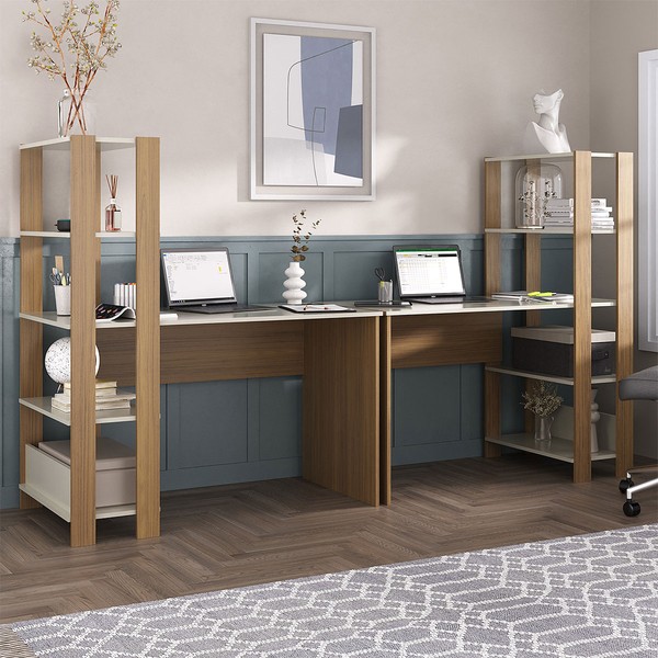 Mesa Escrivaninha Conjunto Match 6 Prateleiras Off White/Carvalho - Pnr Móveis