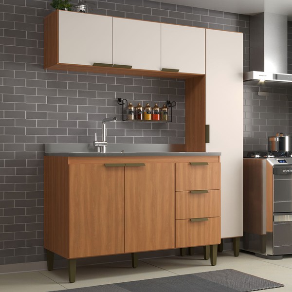 Cozinha Compacta Bia 6 Portas 3 Gavetas Freijó/Off White - Jcarvalho