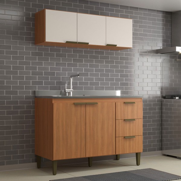 Cozinha Compacta Bia 5 Portas 3 Gavetas Freijó/Off White - Jcarvalho