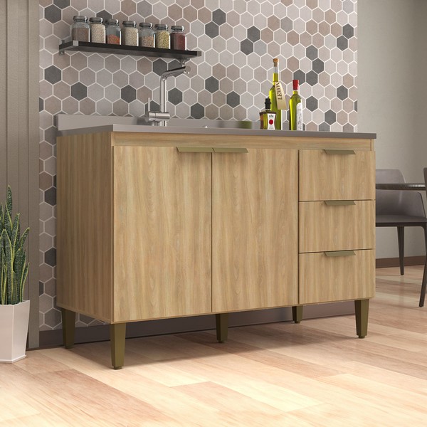 Balcão de Cozinha para Pia 120 Cm Ana 2 Portas 3 Gavetas Dourado - Jcarvalho