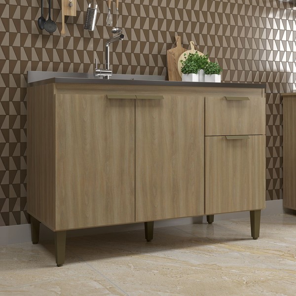 Balcão de Cozinha para Pia 120 Cm Alana 3 Portas 1 Gaveta Dourado - Jcarvalho