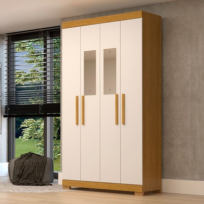 Guarda-Roupa Solteiro Lana 4 Portas 2 Gavetas com Espelho 100% Mdf Cinamomo/Off White - Acp Móveis