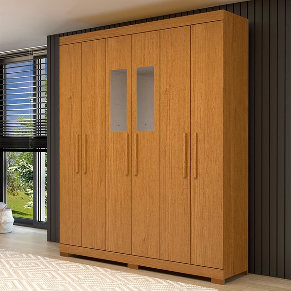 Guarda-Roupa Casal Lana 6 Portas 2 Gavetas com Espelho 100% Mdf Cinamomo - Acp Móveis