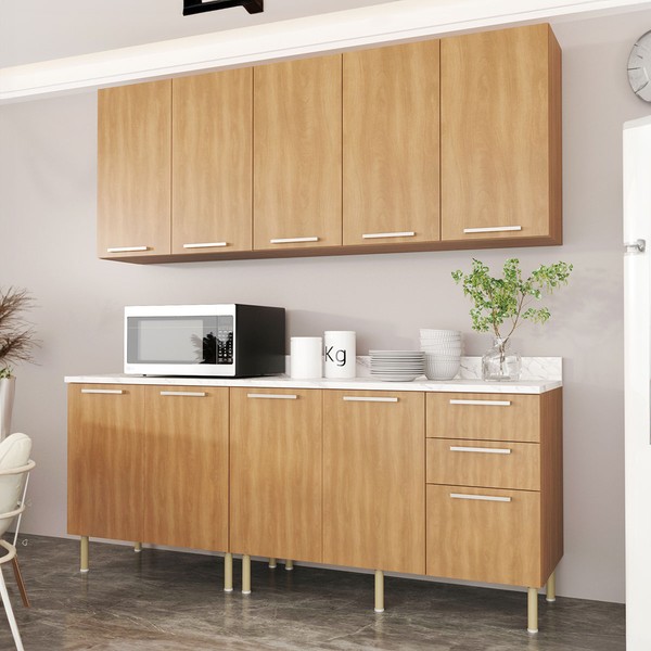 Cozinha Compacta Girassol 9 Portas e 3 Gavetas com Divisor de Talheres Freijó/Mármore Branco - Tecnomobili