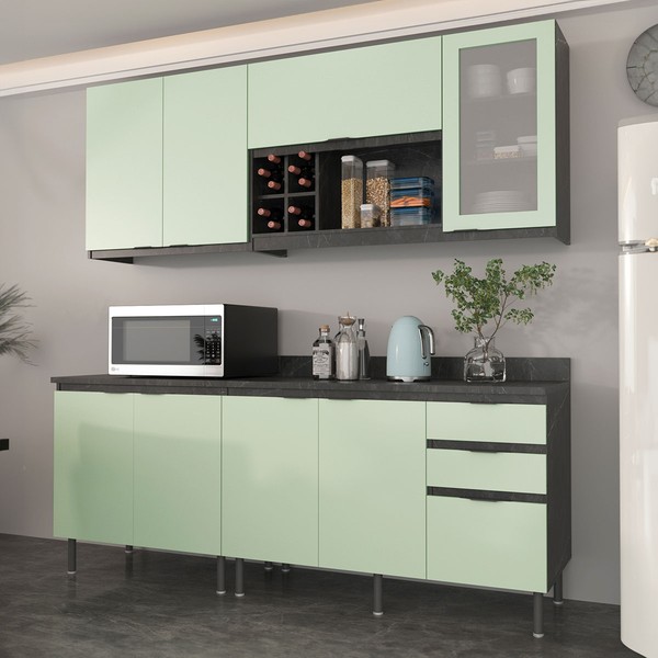 Cozinha Compacta Azaleia 8 Portas e 3 Gavetas com Divisor de Talheres  Mármore Lunar/Verde Mar - Tecnomobili