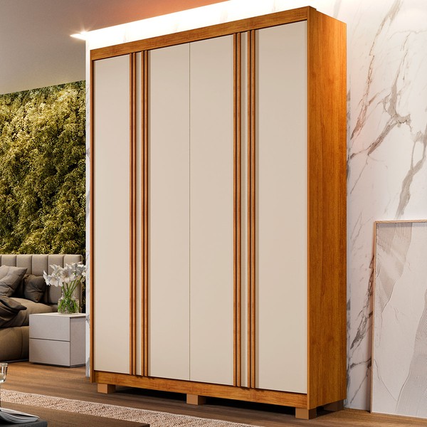 Guarda-Roupa Casal Singapura 4 Portas 3 Gavetas Ripado Cinamomo/Off White - Pnr Móveis