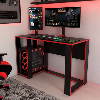 Mesa Gamer Level Espaço para 2 Monitores e Cpu Preto/Vermelho - Panorama Móveis