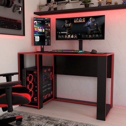 Mesa Gamer Level Espaço para 2 Monitores e Cpu Preto/Vermelho - Panorama Móveis