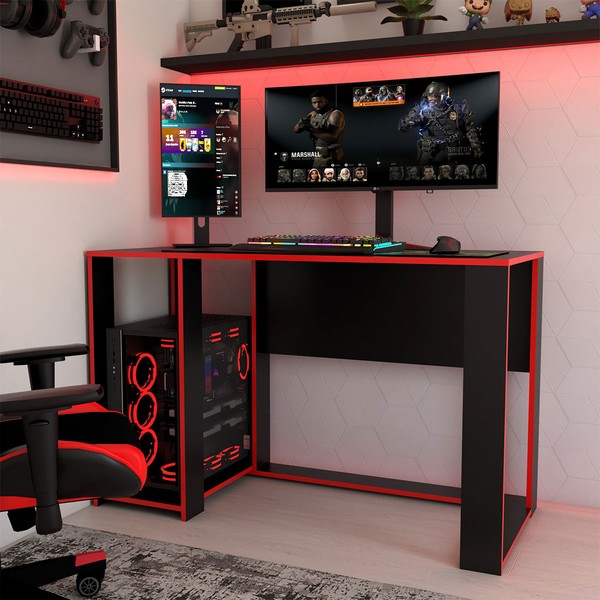 Mesa Gamer Level Espaço para 2 Monitores e Cpu Preto/Vermelho - Panorama Móveis