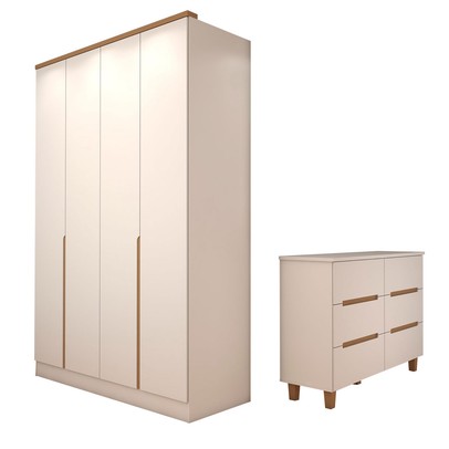 Guarda-Roupa Solteiro Dubai 4 Portas 2 Gavetas com Cômoda 6 Gavetas 100% Mdf Branco/Olmo - Panorama Móveis