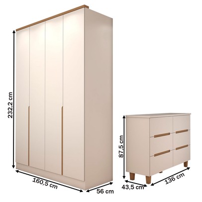Guarda-Roupa Solteiro Dubai 4 Portas 2 Gavetas com Cômoda 6 Gavetas 100% Mdf Branco/Olmo - Panorama Móveis