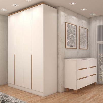 Guarda-Roupa Solteiro Dubai 4 Portas 2 Gavetas com Cômoda 6 Gavetas 100% Mdf Branco/Olmo - Panorama Móveis