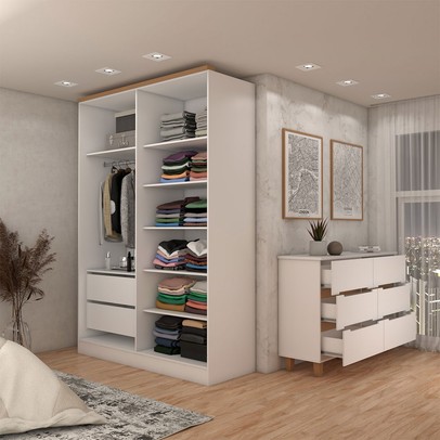 Guarda-Roupa Solteiro Dubai 4 Portas 2 Gavetas com Cômoda 6 Gavetas 100% Mdf Branco/Olmo - Panorama Móveis