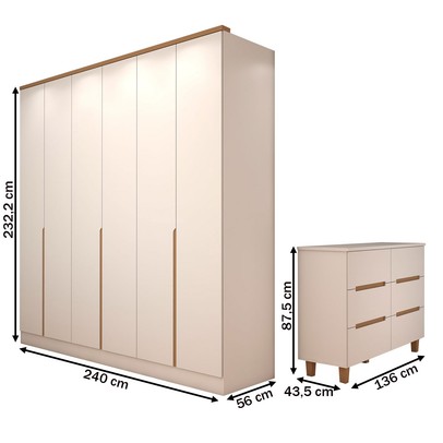 Guarda-Roupa Casal Dubai 6 Portas 4 Gavetas com Cômoda 6 Gavetas 100% Mdf Branco/Olmo - Panorama Móveis
