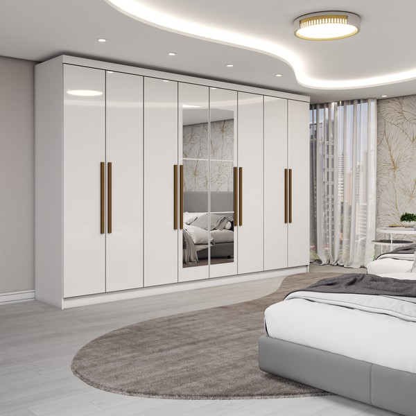 Guarda-Roupa Casal Odisseia 8 Portas 4 Gavetas com Espelho Branco - Panorama Móveis