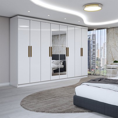 Guarda-Roupa Casal Odisseia 8 Portas 4 Gavetas com Espelho Branco - Panorama Móveis