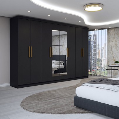 Guarda-Roupa Casal Odisseia 8 Portas 4 Gavetas com Espelho Preto - Panorama Móveis