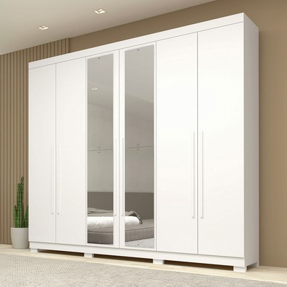 Guarda-Roupa Casal Nubia 6 Portas 4 Gavetas com Espelho 100% Mdf Branco - Acp Móveis