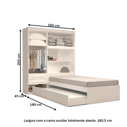 Guarda-Roupa Solteiro com Cama Milena 4 Portas 2 Gavetas 100% Mdf Flex Branco - Acp Móveis