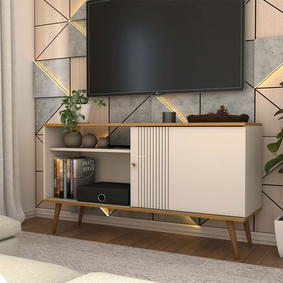 Rack para TV Até 50 Polegadas Retrô 1 Porta 1 Prateleira Cinamomo/Off White - Panorama Móveis
