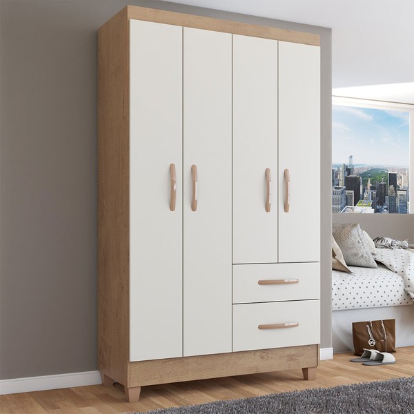 Guarda-Roupa Solteiro Galápagos 4 Portas 2 Gavetas Canelato Rústico/Natura/Off White - Panorama Móveis