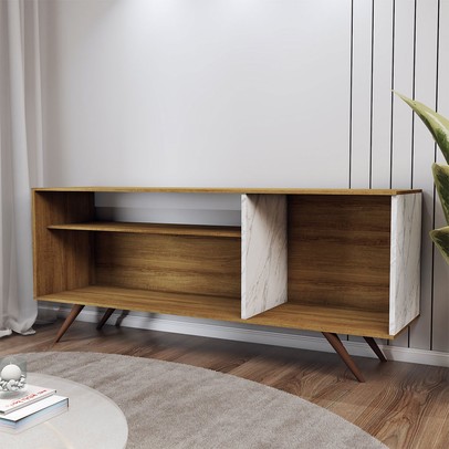 Rack para TV Até 42 Polegadas Seleto 1 Porta Amêndoa/Mármore Branco - Panorama Móveis