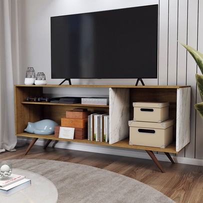 Rack para TV Até 42 Polegadas Seleto 1 Porta Amêndoa/Mármore Branco - Panorama Móveis