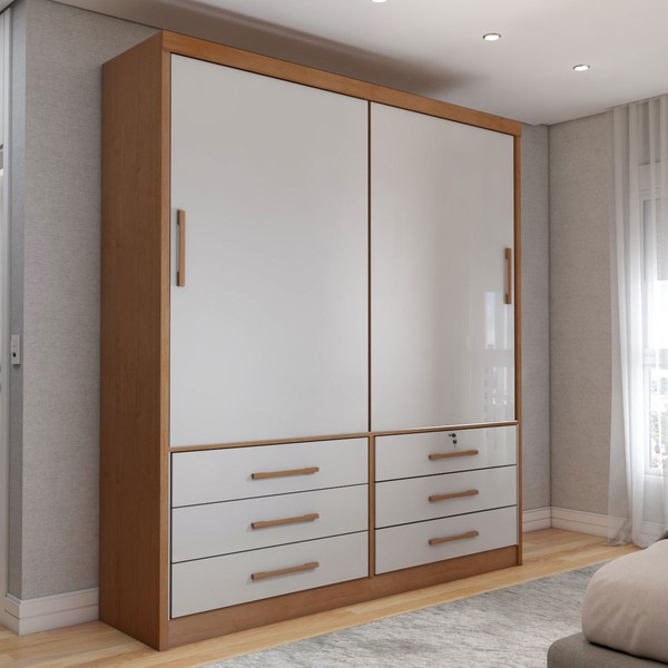 Guarda-Roupa Solteiro Essence 2 Portas 6 Gavetas com Chave Cinamomo/Off White - Panorama Móveis