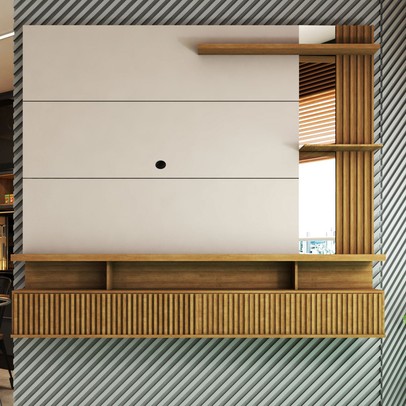 Painel para TV Até 60 Polegadas Sergipe 2 Portas com Espelho e Ripado Nature/Off White - Panorama Móveis