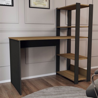 Mesa Escrivaninha Home Office 3 Prateleiras Pinho/Preto - Panorama Móveis
