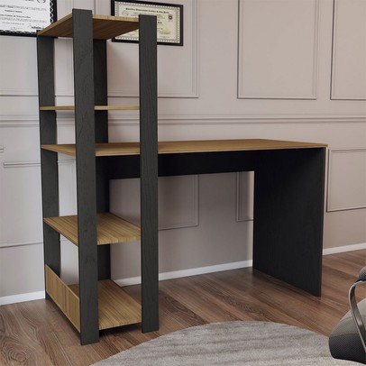 Mesa Escrivaninha Home Office 3 Prateleiras Pinho/Preto - Panorama Móveis