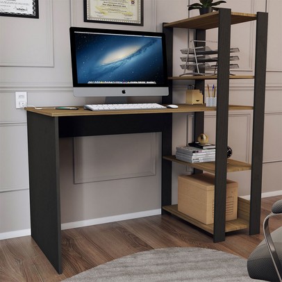 Mesa Escrivaninha Home Office 3 Prateleiras Pinho/Preto - Panorama Móveis