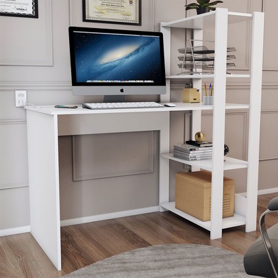 Mesa Escrivaninha Home Office 3 Prateleiras Branco - Panorama Móveis